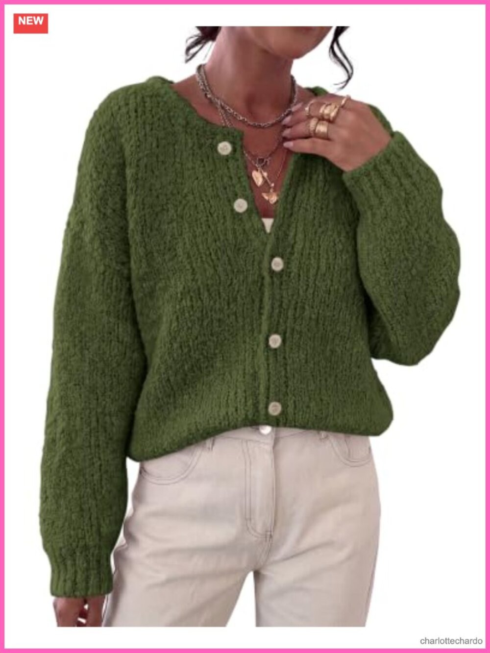 Women's Chunky Knit Button Down Cardigan Sweater Long Sleeve Crewneck